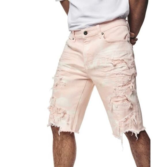 Smoke rise 12" SLIM disstressed rip and repaired twill shirts BRUSHED PINK Sz 38 - Picture 1 of 10